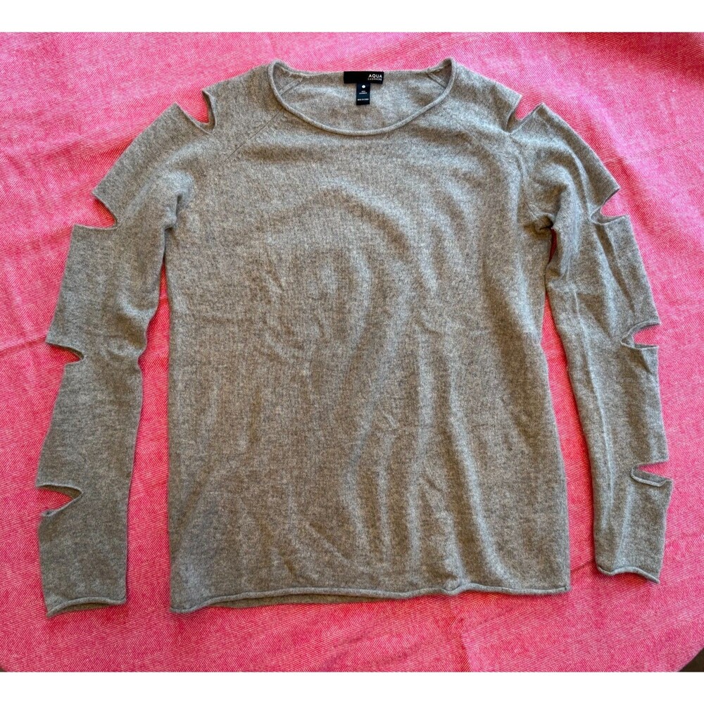 Aqua 100% Cashmere Sweater w/ Cutout Slit Sleeves grey size S